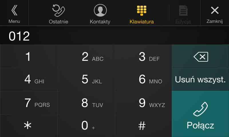Wprowadzanie numeru w celu wykonania połączenia 1 Dotknij opcji [ ] (Klawiatura). Zostanie wyświetlony ekran wprowadzania numeru (klawiatura). 2 Mów do mikrofonu dostarczonego z tym urządzeniem.
