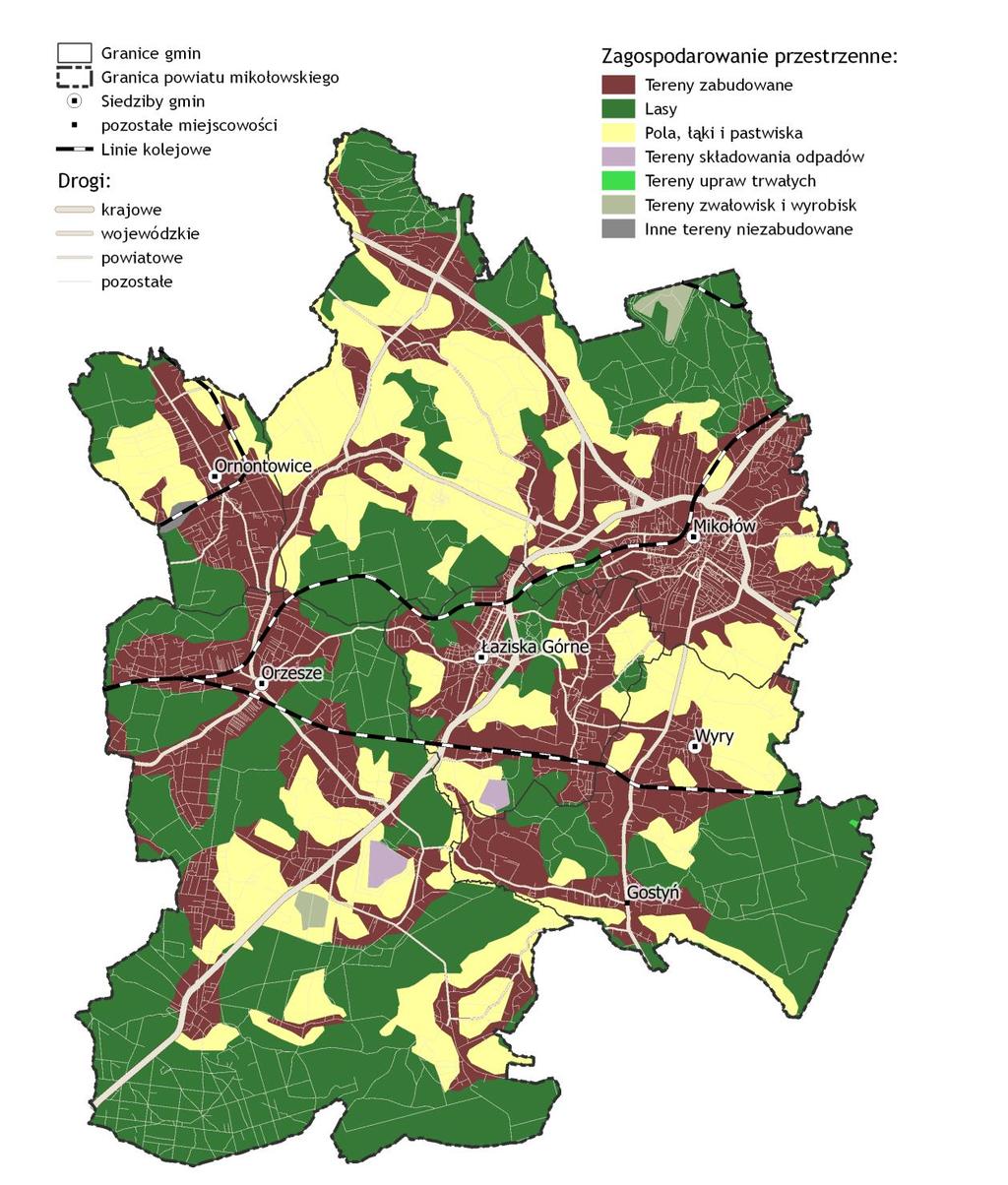 Mapa 3. Zagospodarowanie przestrzenne w powiecie mikołowskim Źródło: opracowanie własne Tabela 1.