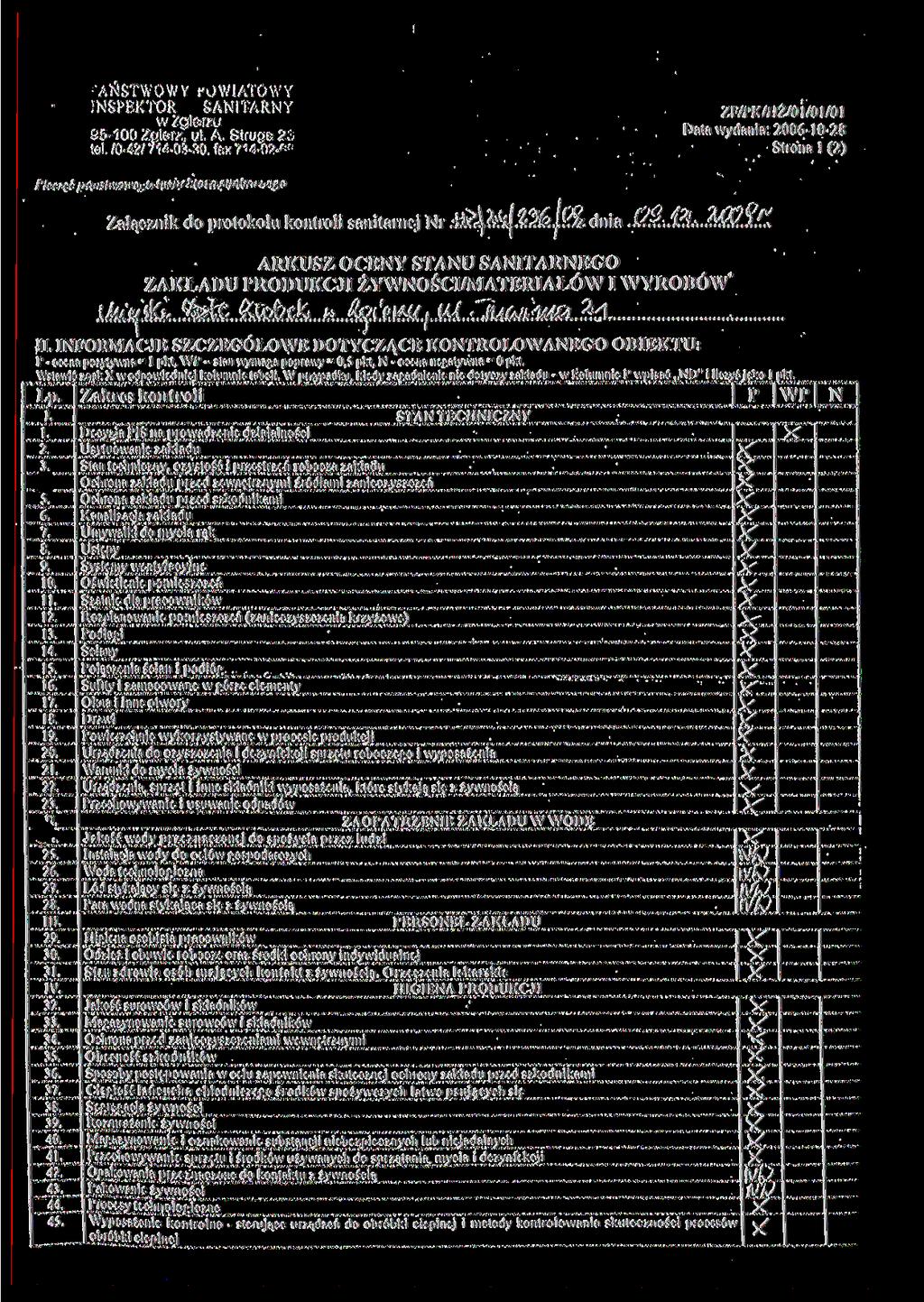 Y-.NSTWJ : r r O W l A T O Y NSPSKTOR SANITARNY ZFPKHŻOi0101 Strona l (2) _ Zgierzu 35-' CC idsrz, i;i..ś. S;;uce 2.. 27i<i-0?-~C. fs 7-ii->-?