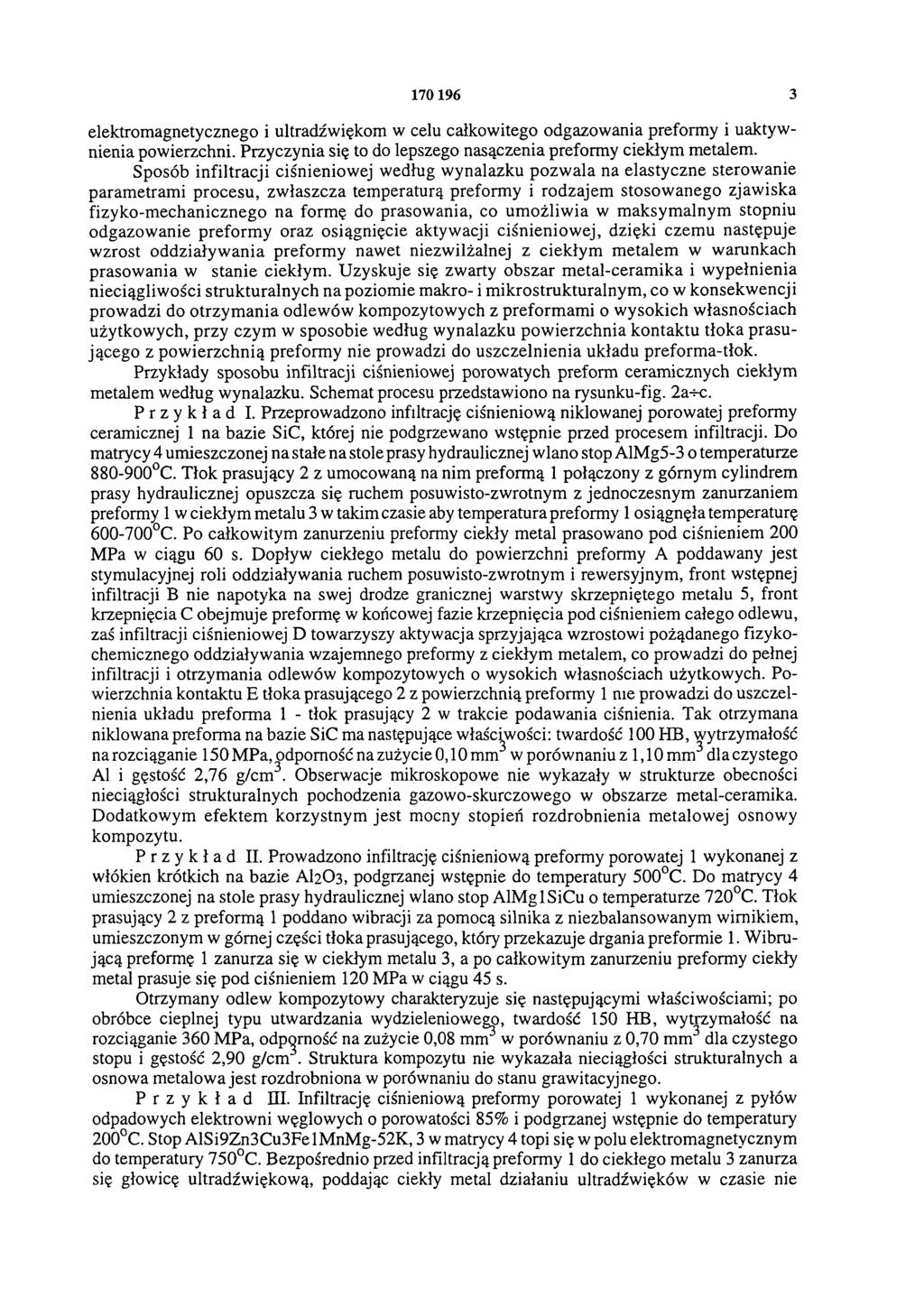 170 196 3 elektromagnetycznego i ultradźwiękom w celu całkowitego odgazowania preformy i uaktywnienia powierzchni. Przyczynia się to do lepszego nasączenia preformy ciekłym metalem.
