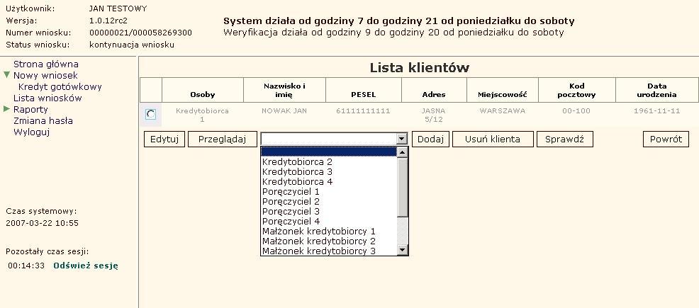 9. Dodanie klienta Ekran Lista klientów pozwala m.in. na dodanie kolejnych osób do wniosku, edycję, usuwanie, przeglądanie oraz sprawdzenie poprawności wprowadzonych danych dla istniejących klientów.