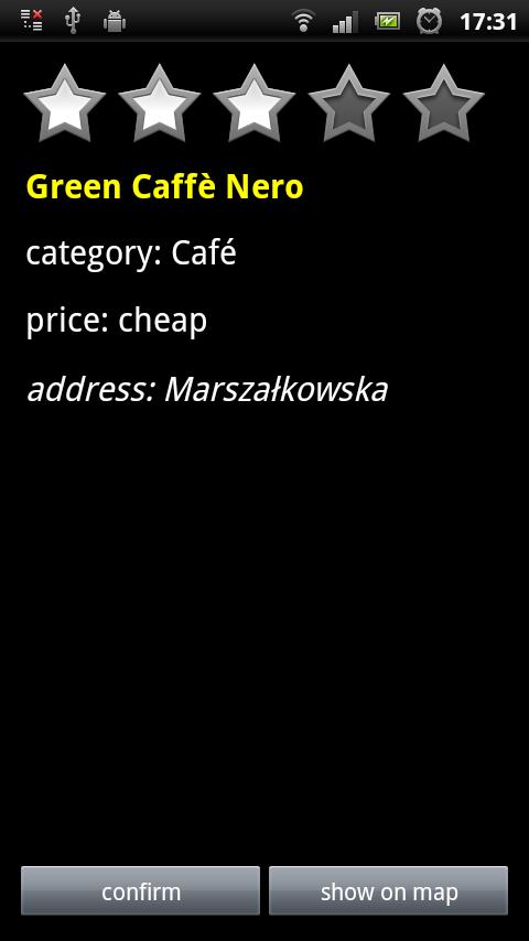 6.2. Testy manualne 43 Rysunek 6.3. Widok podglądu restauracji. Rysunek 6.4. Lokalizacja restauracji na mapie. 2. przejście do opcji search w menu 3.