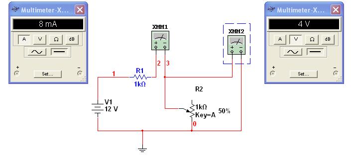 Rys.2. Obwód rezystancyjny Dołącz multimetry umożliwiające pomiar prądu I w obwodzie oraz pomiar spadku napięcia U 2 na potencjometrze R 2.