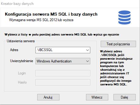 Rys.4-2.2. Okno dialogowe kreatora serwera MS SQL i bazy danych.