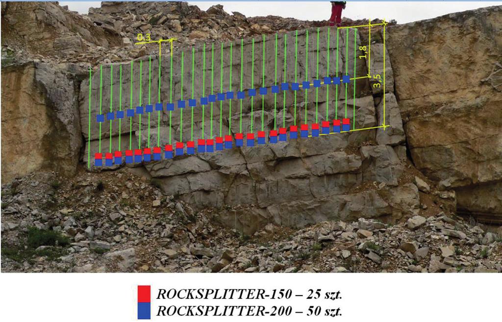 GÓRNICTWO ODKRYWKOWE Rys. 6. Schemat rozstawu otworów przy urabianiu blokόw [4] Fig. 6. The borehole pattern in case of stone block blasting [4] stosowania urządzeń gazogenerujących ROCKSPLITTER.