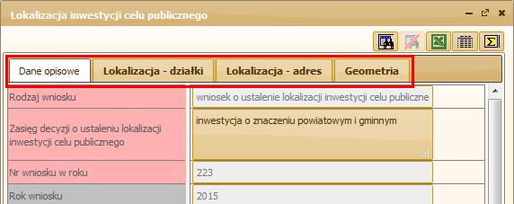 Do przeglądania poszczególnych rekordów w widoku podstawowym służą przyciski: W widoku podstawowym, oprócz danych opisowych można zobaczyć inne dane dotyczące wniosku, a są to: Lokalizacja działki,