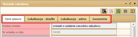 W widoku podstawowym, oprócz danych opisowych można zobaczyć inne dane dotyczące wniosku, a są to: Lokalizacja działki, Lokalizacja adres oraz Geometria.