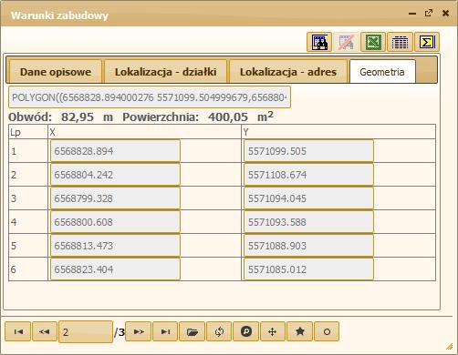 Na zakładce Geometria Użytkownik może przeglądać geometrię (położenie na mapie) powiązaną z wybranym wnioskiem/decyzją, a także odczytać jej obwód i powierzchnię.