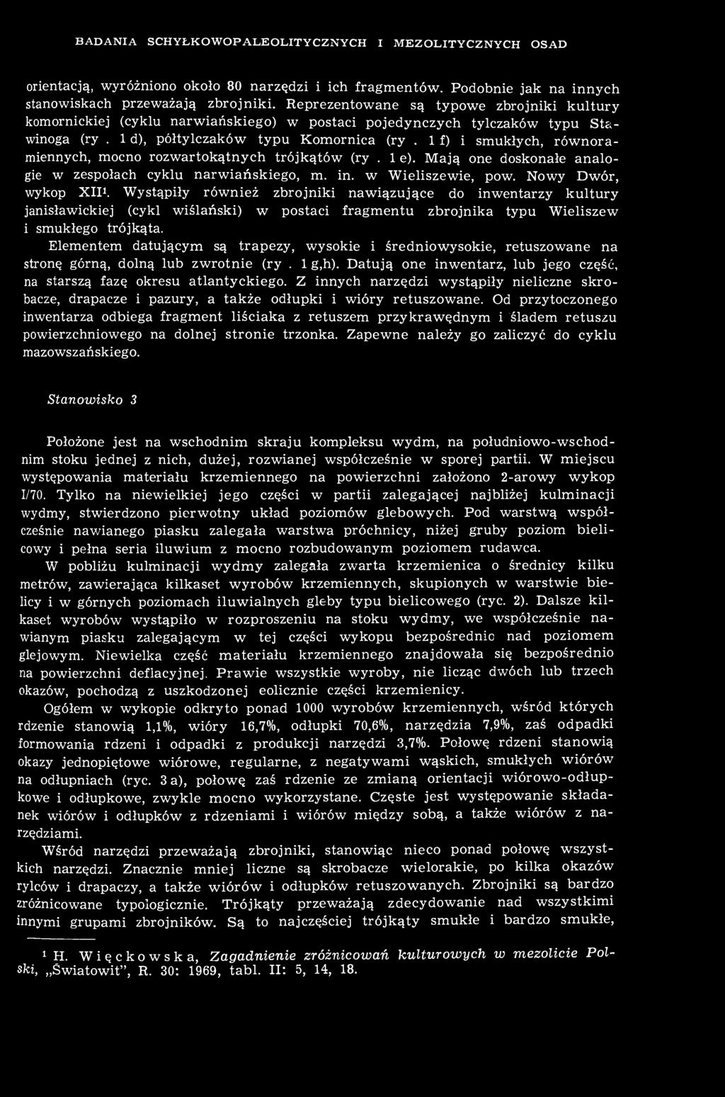 1 f ) i smukłych, równoramiennych, mocno rozwartokątnych trójkątów (ryc. 1 e). Mają one doskonałe analogie w zespołach cyklu narwiańskiego, m. in. w Wieliszewie, pow. Nowy Dwór, wykop XII 1.