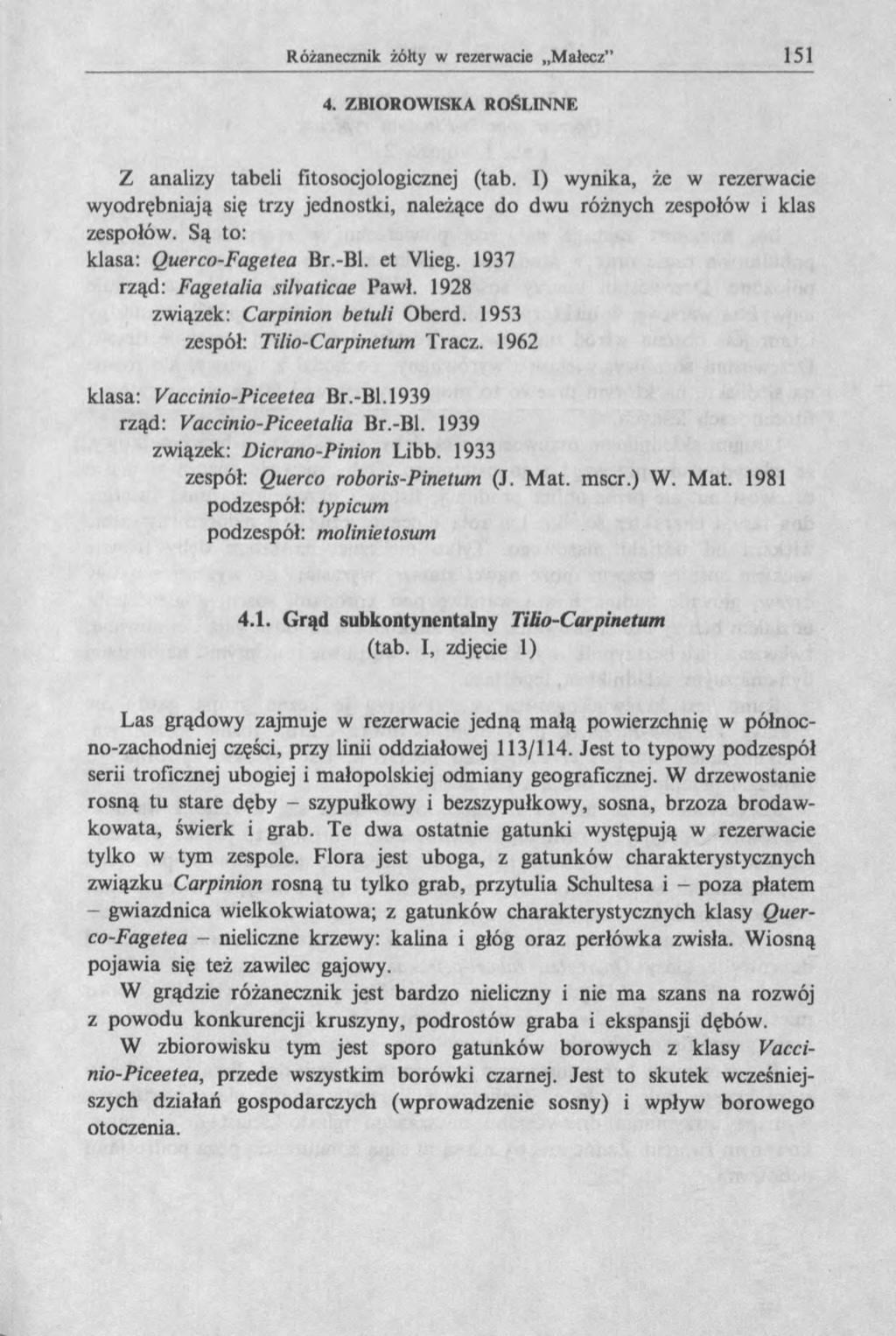 4. ZBOROWSKA ROŚLNNE Z analizy tabeli fttosocjologicznej (tab. ) wynika, że w rezerwacie wyodrębniają się trzy jednostki, należące do dwu różnych zespołów i klas zespołów.