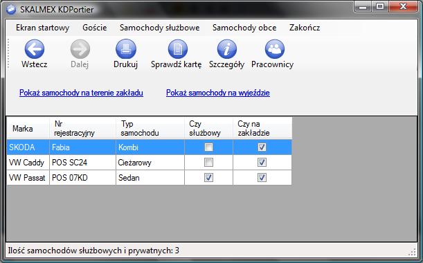 Jeżeli karta samochodu została zgubiona, możesz także po odczekaniu 8 sekund i informacji, że nie zbliżono karty, kliknąć na link Szczegóły, pojawi się tabela z listą samochodów na wyjeździe, wybierz