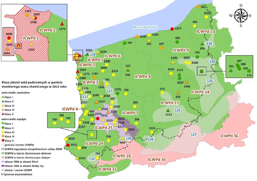 56 Monitoring operacyjny wykonany został w 2013 roku w 18 punktach pomiarowych, w tym: w 12 punktach w JCWPd nr 25, w 3 w JCWPd nr 1, w 2 punktach w JCWPD nr 2, w 1 punkcie w JCWPd nr 7.