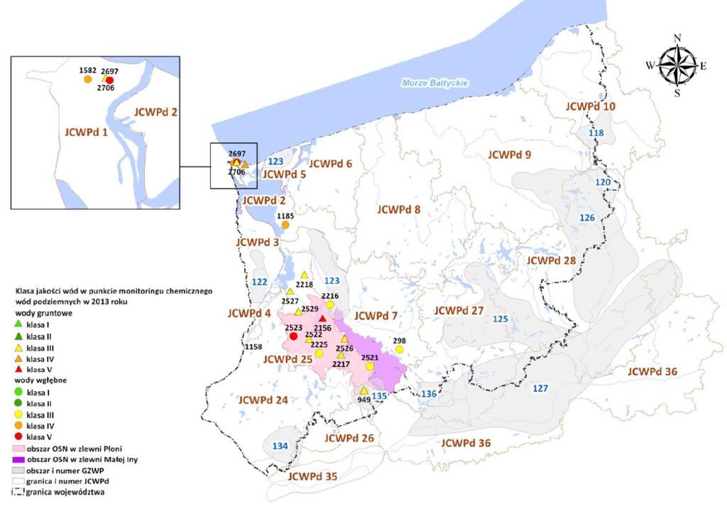 57 Rysunek 12. Klasyfikacja jakości wód podziemnych badanych ramach monitoringu operacyjnego w 2013 r. (źródło: Raport WIOŚ Szczecin o stanie środowiska w województwie zachodniopomorskim w 2014 r.