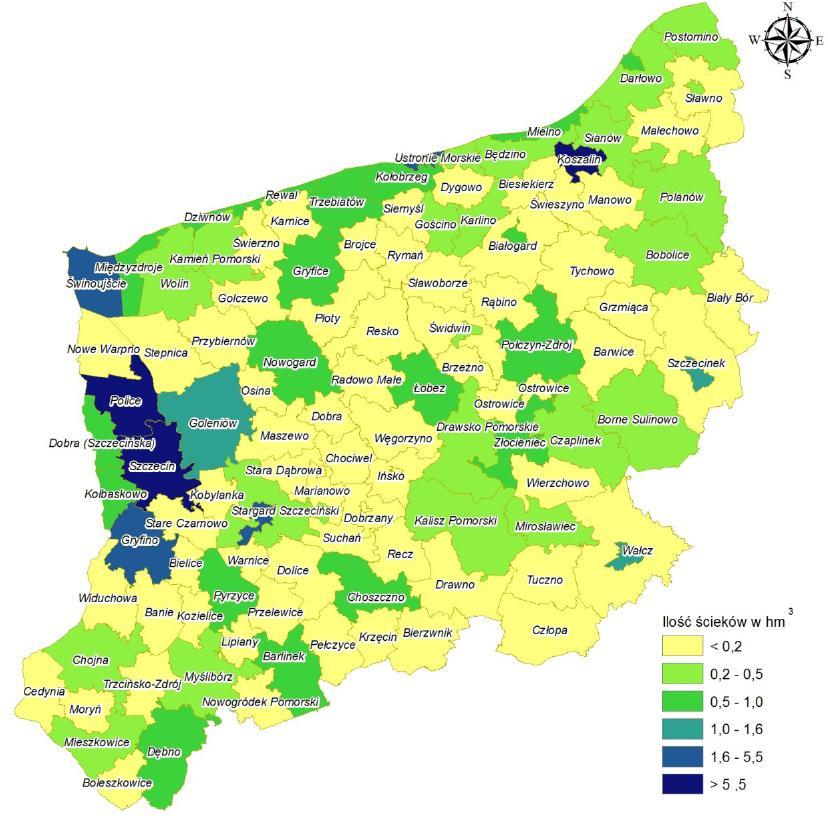 70 W 2013 roku ilość ścieków przemysłowych wyniosła 1 392,21 hm 3, z czego 1 347,5 hm 3 były to wody chłodnicze, odprowadzane do wód lub ziemi.