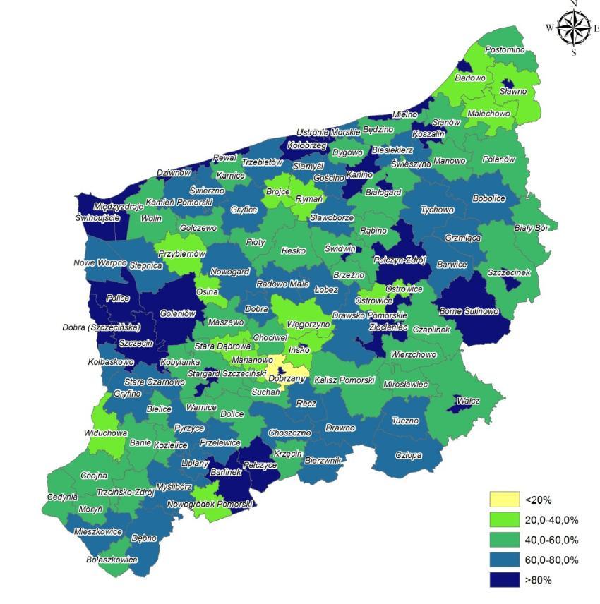 72 Rysunek 18. Mieszkańcy poszczególnych Gmin województwa zachodniopomorskiego korzystający z sieci kanalizacyjnej w 2013 r.