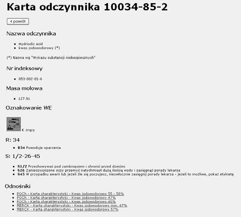 System ichem2 rozproszony, internetowy system wymiany informacji na temat odczynników chemicznych Rys. 3. Przykładowa karta odczynnika 3.