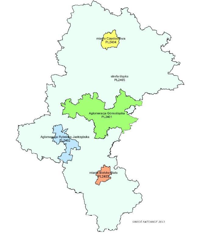 źródło: Czternasta roczna ocena jakości powietrza w Województwie Śląskim, obejmującą rok 2015, WIOŚ Katowice 2015 r. Rysunek 13. Podział województwa śląskiego na strefy ochrony powietrza.