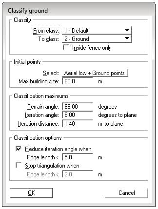 Analiza porównawcza wysokości terenu... 17 Ryc. 3. Parametry klasyfikacji do warstwy ground Fig. 3. Filtration parameters to ground level W każdym oczku siatki wybierany jest najniższy punkt i uznawany jest on za terenowy.