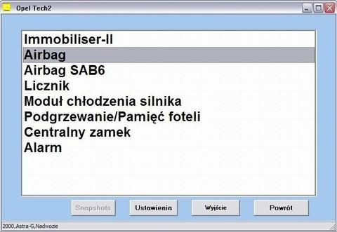 Rys. 8 - program Opel TECH2 - wybór sterownika. Gdy już wybierzemy interesujący nas sterownik zostaniemy poproszeni o przełączenie pinu linii danych do odpowiedniego styku (w przykładzie - nr. 12).