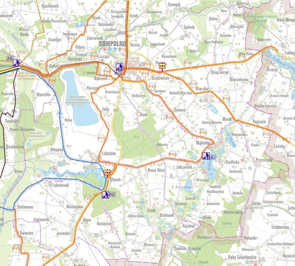 4.1.4. Miasto i Gmina Sompolno Rysunek 32. Mapa turystyczna miasta i gminy Sompolno z przebiegiem dróg rowerowych wraz z niezbędnym doposażeniem infrastrukturalnym (stan istniejący i plany).