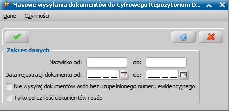 Repozytorium Dokumentów, w którym należy wskazać zakres danych (nazwiska klientów lub dat rejestracji) dokumentów, które mają zasilić CRD.