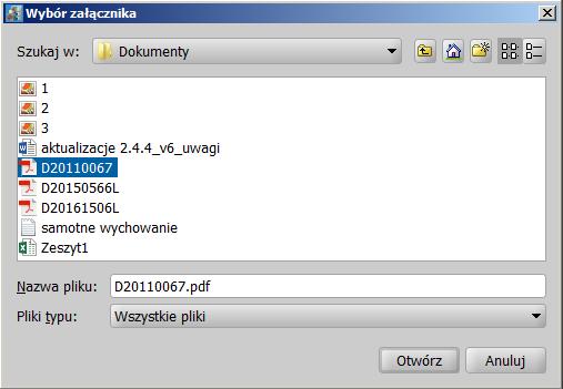 Aby wskazać z dysku plik załącznika, należy wybrać przycisk Wybierz plik.