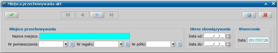 Uwaga! Aby określić numer (lub zakres numerów) pomieszczenia, regału lub półki, powiązanych z miejscem przechowywania akt, należy wybrać znajdującą się obok wymienionych pól ikonę.