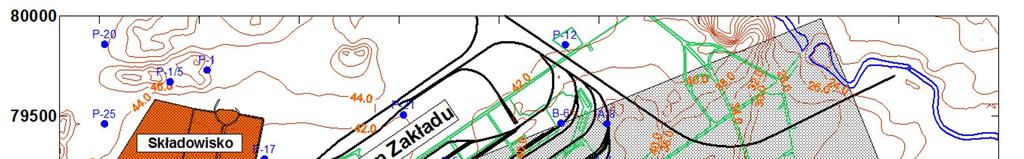 Wykorzystanie modelu numerycznego do oceny skuteczności działania źródłem zanieczyszczeń jest składowisko pomiędzy piezometrami P-I i P-II oraz przekrój C-C z ogniskiem