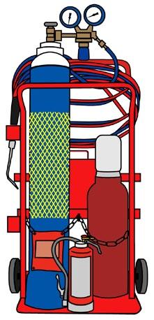 13. Umieszczenie butli w czasie spawania na wózku służącym do transportu jest dopuszczalne w przypadku, gdy wózek stoi pewnie i nieruchomo, a butla jest do niego przymocowana (Rys. 4). 14.