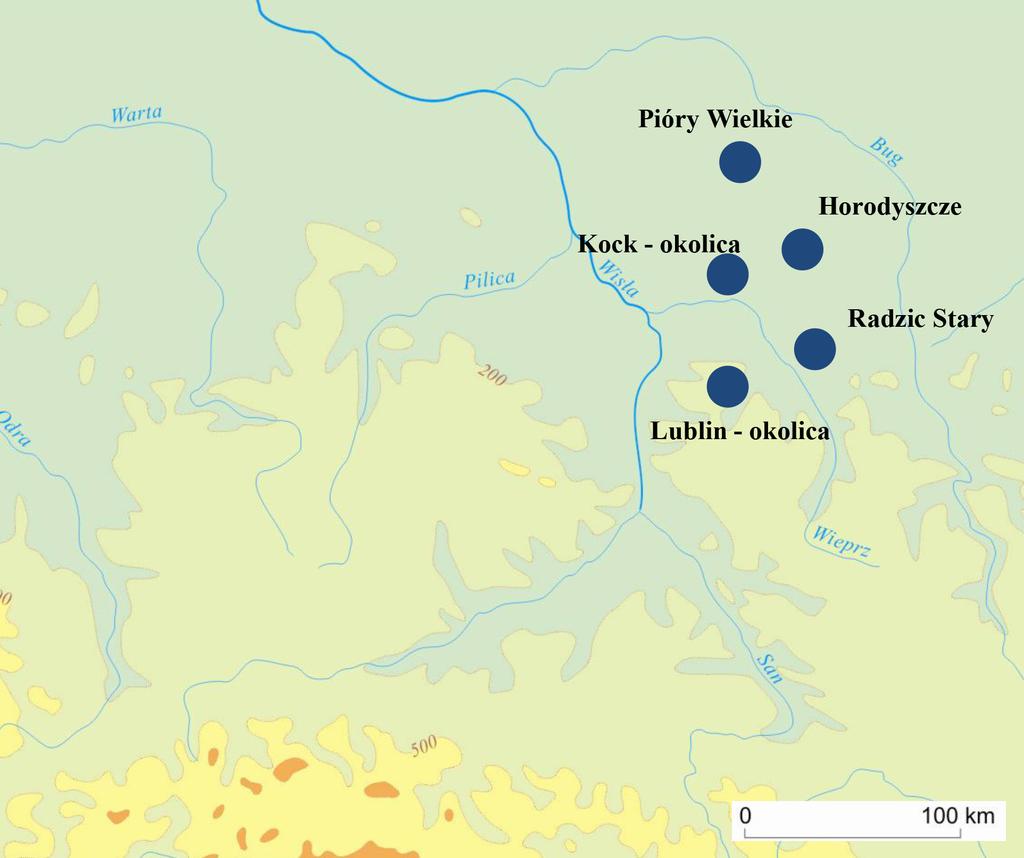 Fig. 4. Distribution range of the east Baltic axes in the area between the Vistula and Bug rivers (Fig. H. Taras on the map by M. Juran) Ryc. 4. Rozmieszczenie siekier wschodniobałtyjskich w międzyrzeczu Wisły i Bugu (rys.