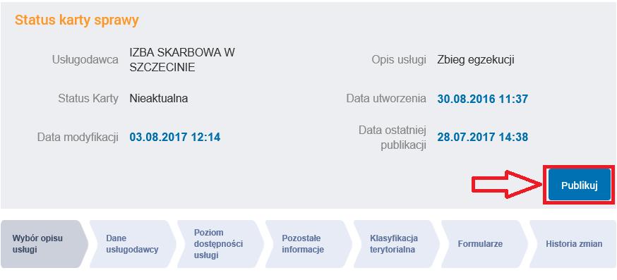 8. PUBLIKACJA KARTY SPRAWY Krok 1 Będąc w Administrowanie Budowanie usług wybieramy z lewego menu przycisk Karty spraw, a następnie rozwijamy dostępne menu pod ikoną