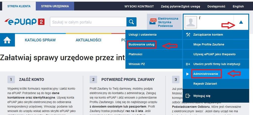 3. WYCOFANIE Z PUBLIKACJI KARTY SPRAWY Krok 1 Po zalogowaniu do systemu epuap na profilu podmiotu swojej jednostki Rozwijamy menu przy swoim loginie, następnie wybieramy Administrowanie Budowanie