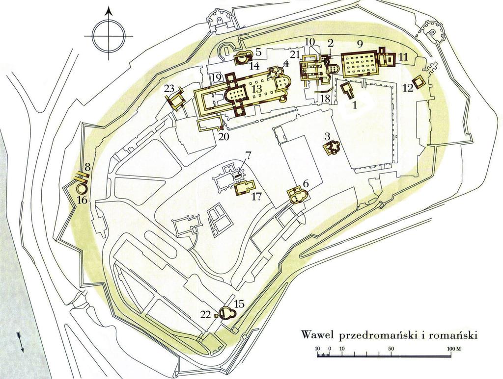 kurii biskupiej towarzyszącej katedrze 49 oraz fragment absydy w kryptach pod wschodnią częścią katedry 50 (ryc. 1.4). Ryc. 1. Przedromańska i romańska zabudowa Wawelu: 1.
