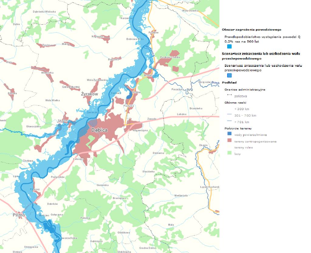 Mapa 12 Obszar zagrożenia powodziowego na terenie Gminy Dębica Źródło: Hydroportal Krajowego Zarządu Gospodarki Wodnej, kzgw.gov.