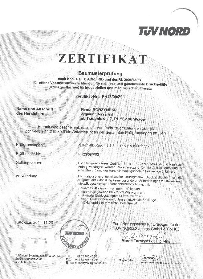 Acetylen PRZEKRÓJ SECTION 19 CERTYFIKAT NR / CERTIFICATE