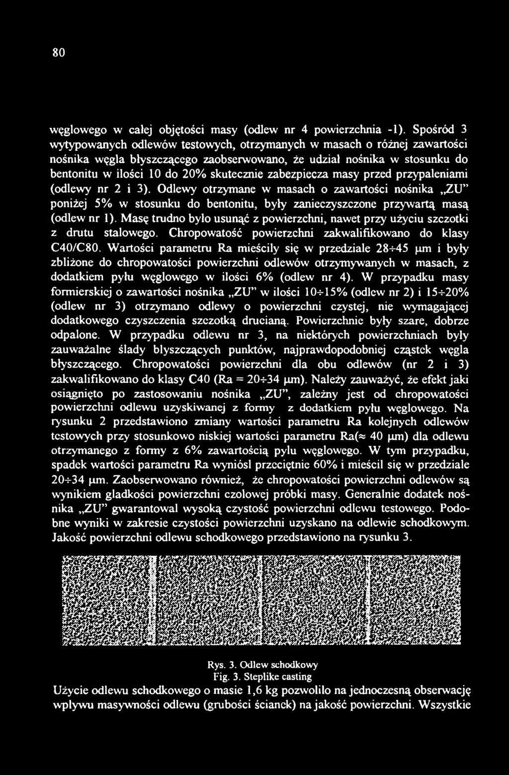 zabezpiecza masy przed przypaleniami (odlewy nr 2 i 3). Odlewy otrzymane w masach o zawartości nośnika "ZU" poniżej 5% w stosunku do bentonitu, były zanieczyszczone przywartą masą (odlew nr 1).