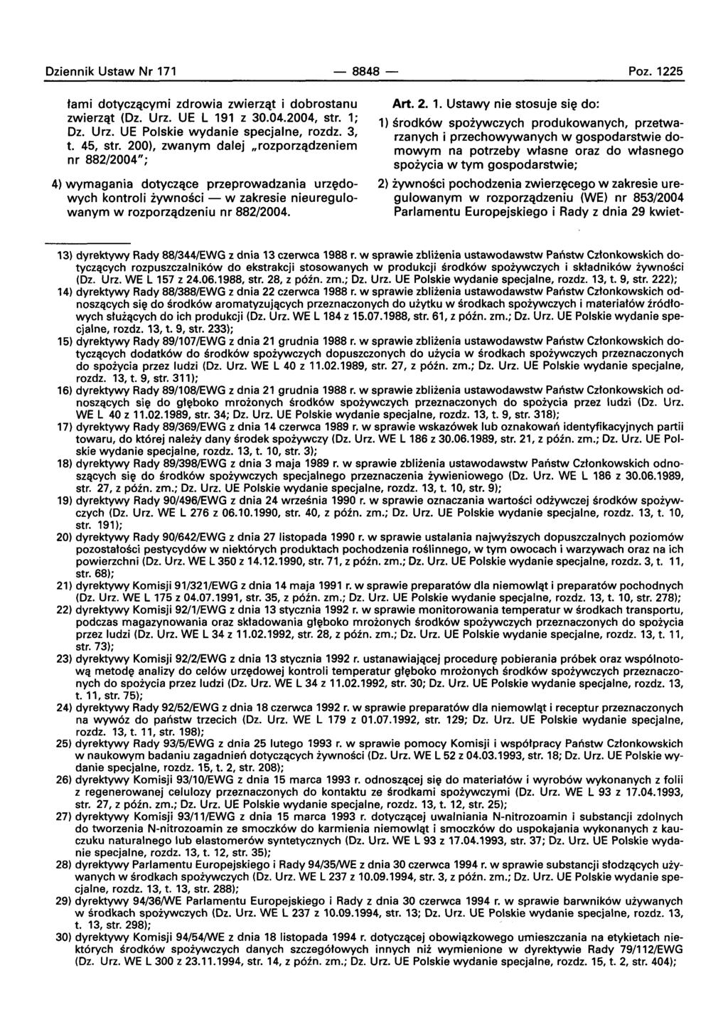 Oziennik Ustaw Nr 171-8848- Poz. 1225 tami dotvczacvrnl zdrowia zwierzqt i dobrostanu zwierzqt (Oz. Urz. UE L 191 z 30.04.2004, str. 1; Oz. Urz. UE Polskie wydanie specjalne, rozdz. 3, t. 45, str.