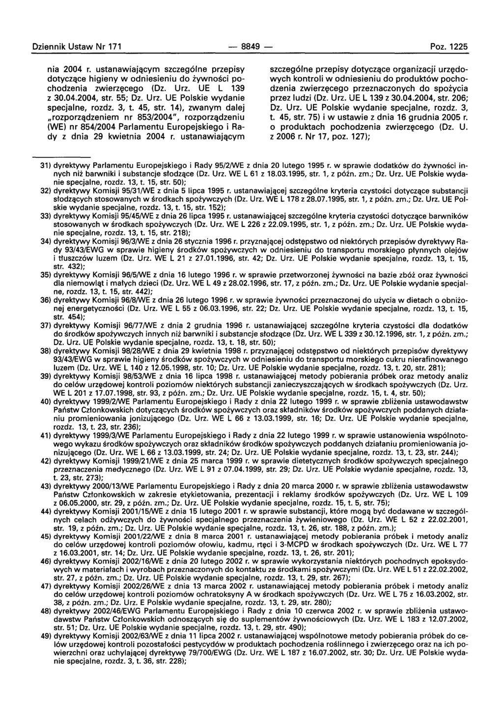 Oziennik Ustaw Nr 171-8849- Poz. 1225 nia 2004 r. ustanawiajqcym szczeg61ne przepisy dotyczqce higieny w odniesieniu do zvwnoscl pochodzenia zwierzeceqo (Oz. Urz. UE L 139 z 30.04.2004, str. 55; Oz.
