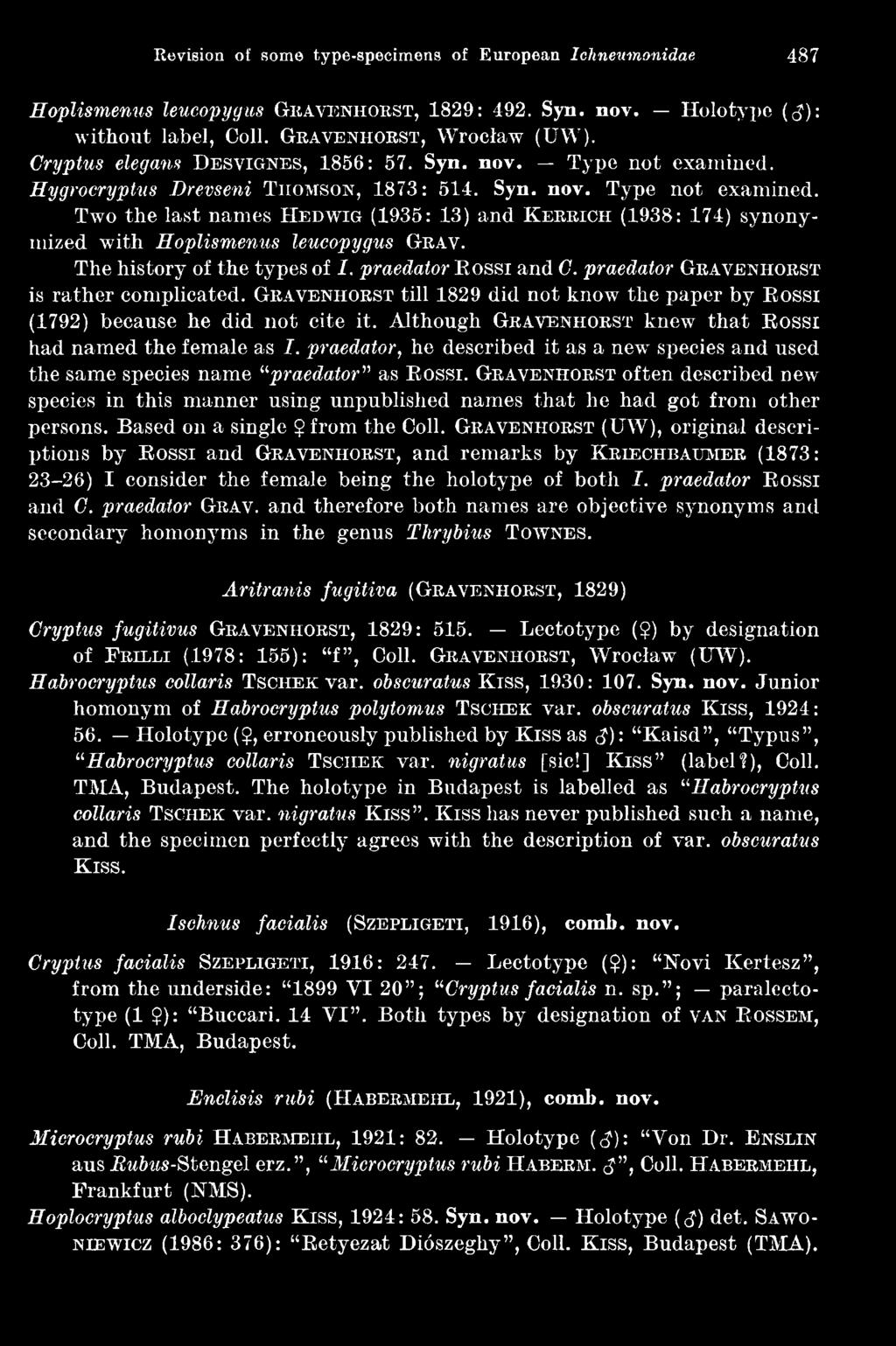 G r a v e n h o r s t till 1829 did not know the paper by Eossi (1792) because he did not cite it. Although G r a v e n h o r s t knew th a t Eossi had named the female as I.