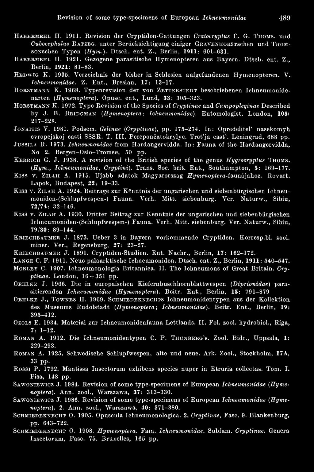 1972. Type Revision of tbe Species of Gryptinae and Campopleginae Described b y J. B. B r id g m a n (Eymenoptera: Ichneumonidae). Entomologist, London, 105: 217-228. J o n a i t i s V. 1981. Podsem.