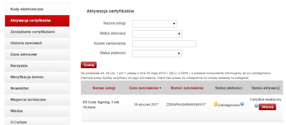 S t r o n a 9 7. Na liście poniżej należy odszukać odpowiedni certyfikat który chcemy aktywować i klikamy przycisk "Aktywuj" 8. Zaznaczamy opcję "Generowanie pary kluczy" i klikamy "Dalej" 9. 1.