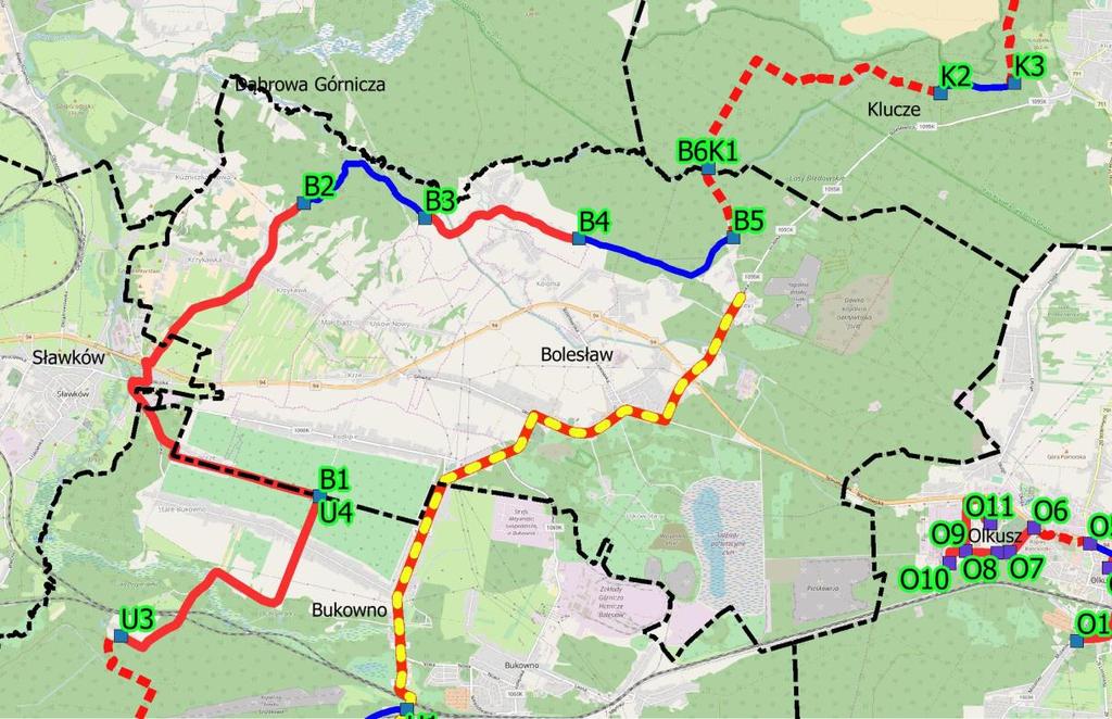 B5-B6 - Przebieg odcinka w postaci szlaku rowerowego prowadzonego istniejącymi duktami leśnymi wzdłuż Małopolskiego Szlaku Rowerowego VeloPrądnik.