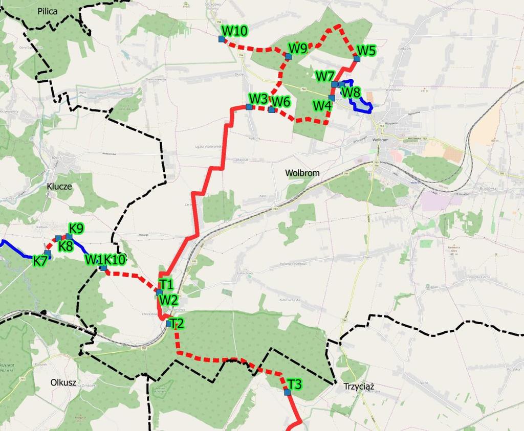 RYS. 6 PRZEBIEG TRASY W GMINIE WOLBROM Źródło: autorzy OpenStreetMap 1.2.