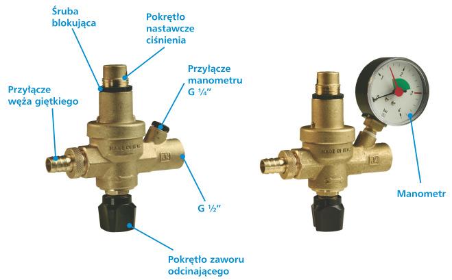 Rys. 1 Budowa zaworów do automatycznego napełniania instalacji FA i FAM (Zawór FA z lewej, zawór FAM z prawej strony) 3.1. Opis działania Zawory automatycznego napełniania instalacji FA i FAM umożliwiają automatyczne napełnianie instalacji grzewczej do wymaganego ciśnienia.