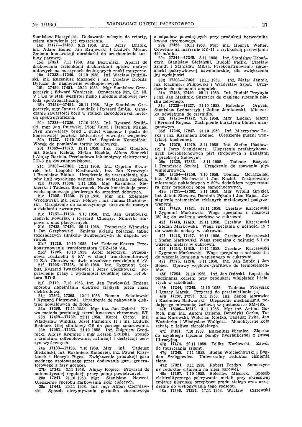 N r 1/1959 WIADOMOŚCI URZĘDU PATENTOWEGO 21 Stanisław Ptaszyński. Dodawanie boksytu do retorty, celem ułatw ienia jej czyszczenia. 14c 17477 17480. 9.12 1958. Inż. Jerzy Drabik, inż.