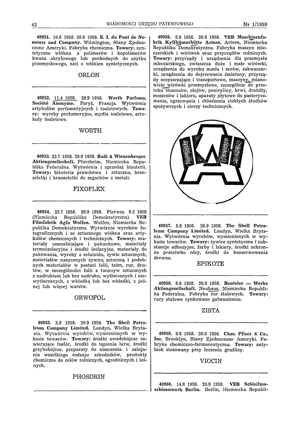 42 WIADOMOŚCI URZĘDU PATENTOWEGO N r 1/1959 40951. 10.6 1958. 20.9 1958. E. I. du Pont de Nemours and Company. Wilmington, Stany Zjednoczone Ameryki. Fabryka chemiczna.