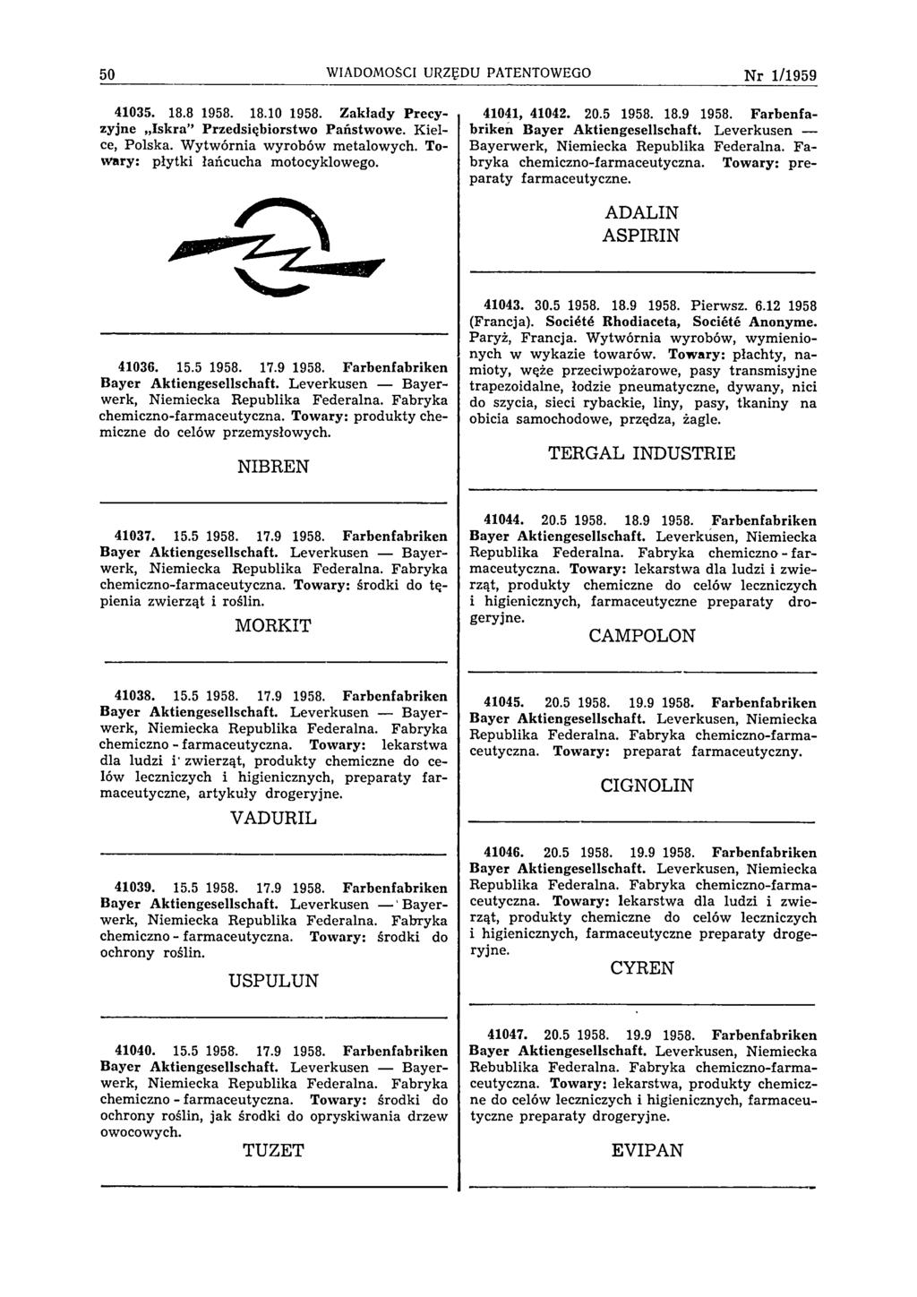 50 WIADOMOŚCI URZĘDU PATENTOWEGO N r 1/1959 41035. 18.8 1958. 18.10 1958. Zakłady Precyzyjne Iskra Przedsiębiorstwo Państwowe. Kielce, Polska. W ytwórnia wyrobów metalowych.