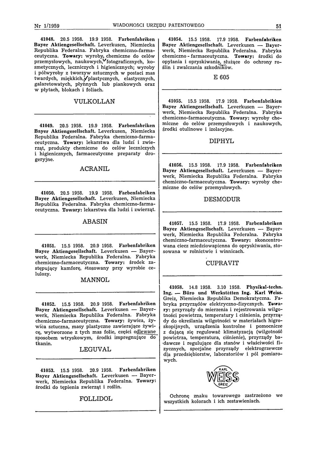 N r 1 /1 9 5 9 WIADOMOŚCI URZĘDU PATENTOWEGO 51 41048. 20.5 1958. 19.9 1958. Farbenfabriken Bayer Aktiengesellschaft. Leverkusen, Niemiecka Republika Federalna. Fabryka chemiczno-farmaceutyczna.
