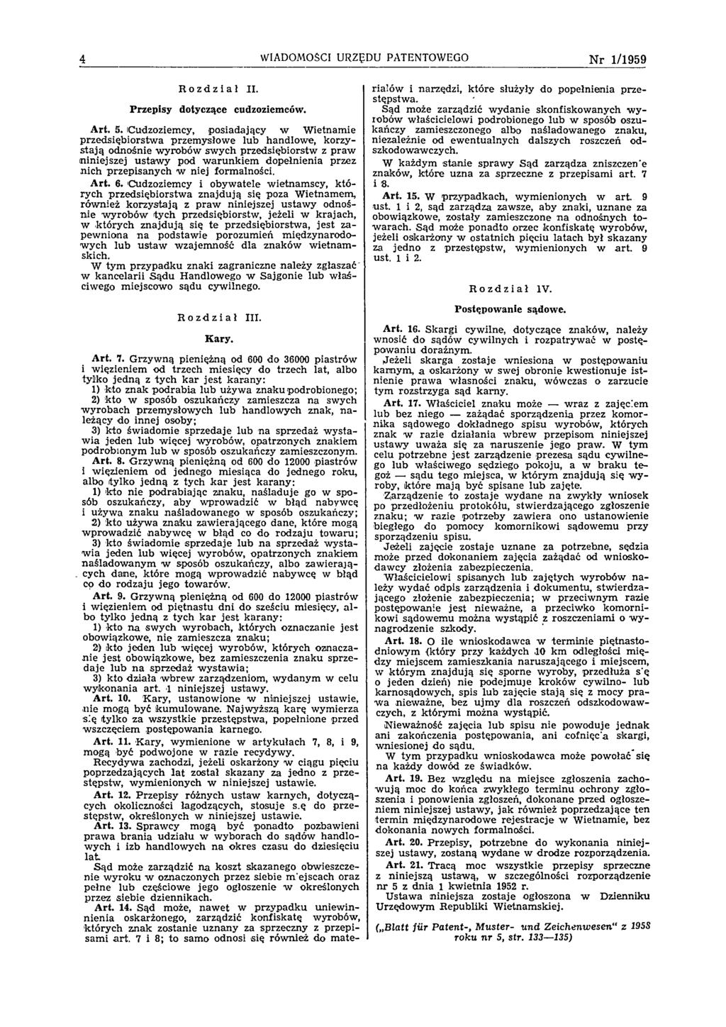 WIADOMOŚCI URZĘDU PATENTOWEGO N r 1/1959 Rozdział II. Przepisy dotyczące cudzoziemców. A rt. 5.