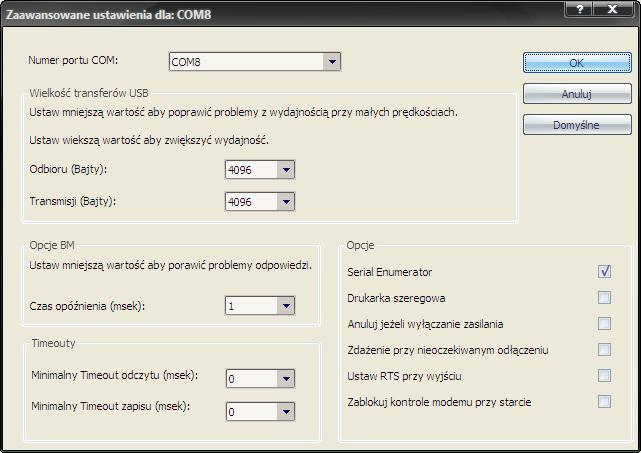 Podstawowe parametry dostępne w zakładce Ustawienia portu (Rys. 5.5), za wyjątkiem prędkości transmisji (Liczba bitów na sekundę:), mogą być ustawione dowolnie.